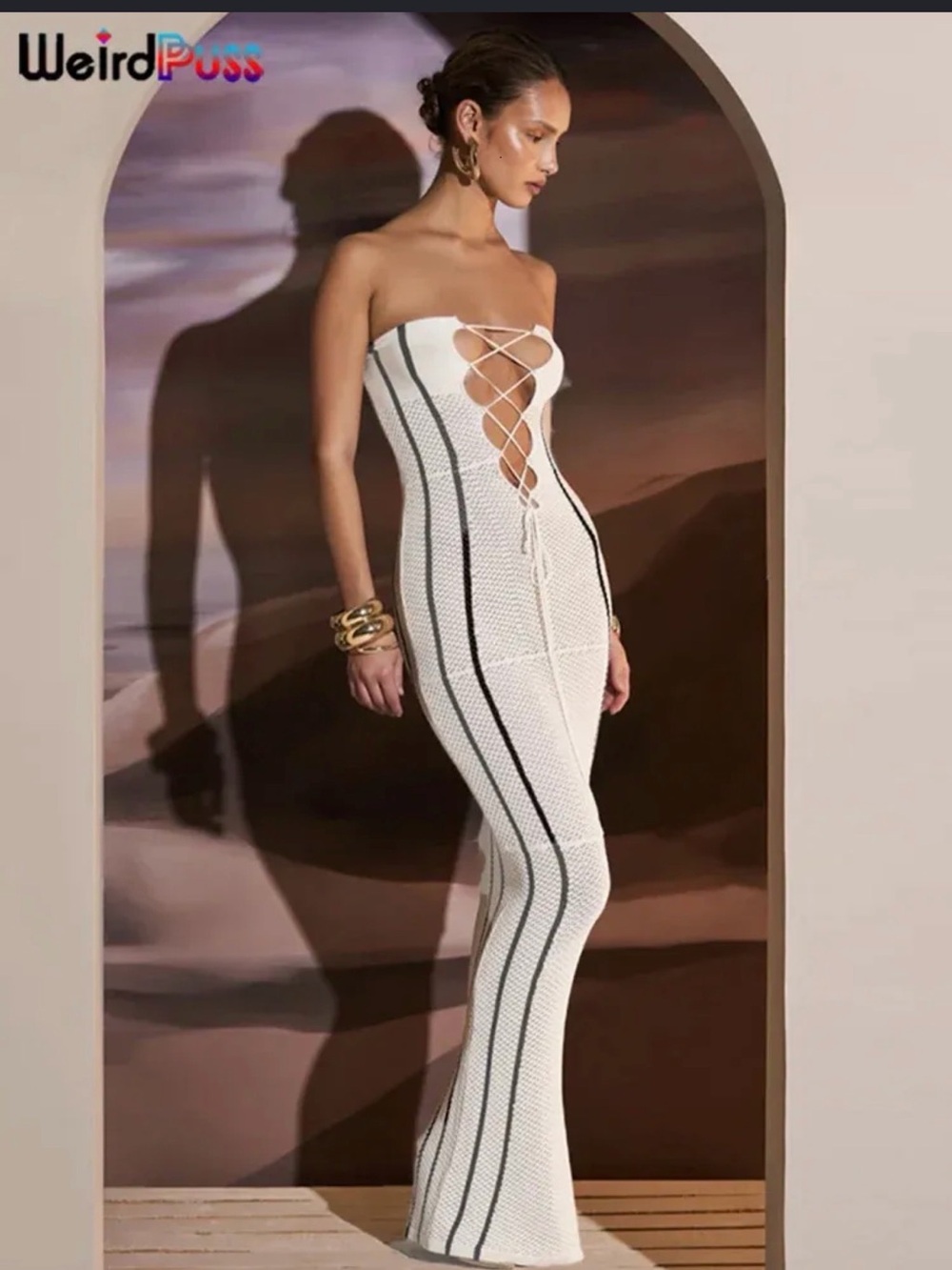 WeirdPuss White Strapless Lace-Up Maxi Dress with Black Stripe